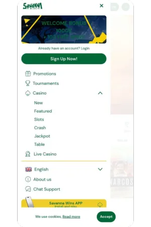 Savanna Wins navigation menu