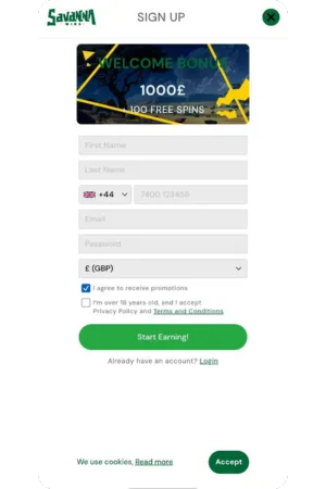 Savanna Wins sign up form